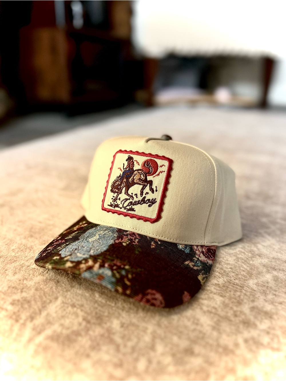 Cowboy Patch Floral Bill Snapback Hat - Cream with Multicolor Floral Brim